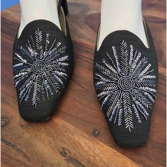 RARE Stefani Collection Beaded Silk Dress Mules Women's US8 Feather Design Black - Picture 7 of 13